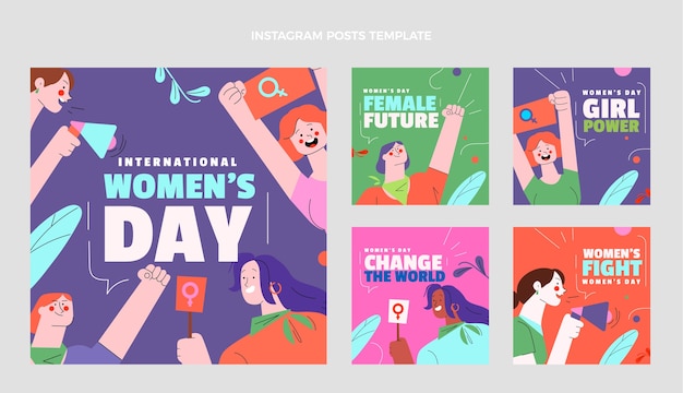 Vetor coleção de postagens do instagram do dia internacional da mulher plana