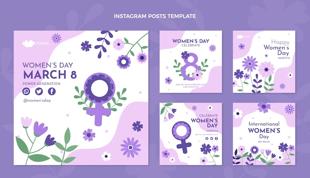 Vetor coleção de postagens do instagram do dia internacional da mulher plana