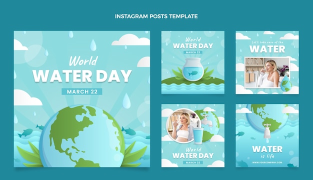 Vetor coleção de postagens do instagram do dia mundial da água gradiente