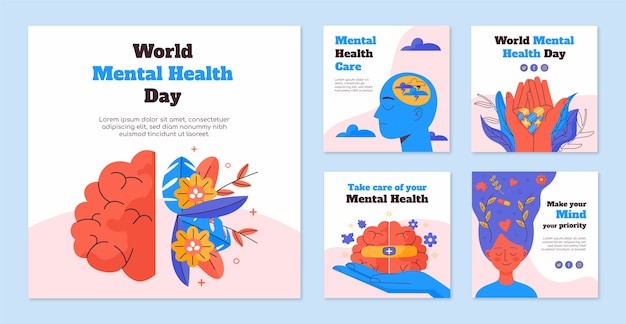 Coleção de postagens do instagram do dia mundial da saúde mental plana