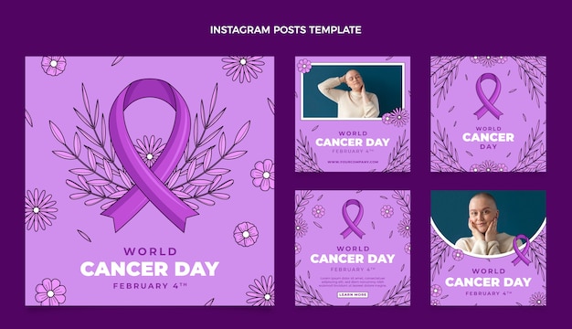 Coleção de postagens do Instagram do Dia Mundial do Câncer desenhada à mão