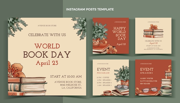 Coleção de postagens do instagram do dia mundial do livro desenhada à mão