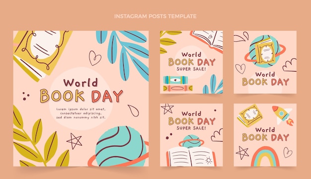 Coleção de postagens do instagram do dia mundial do livro plano