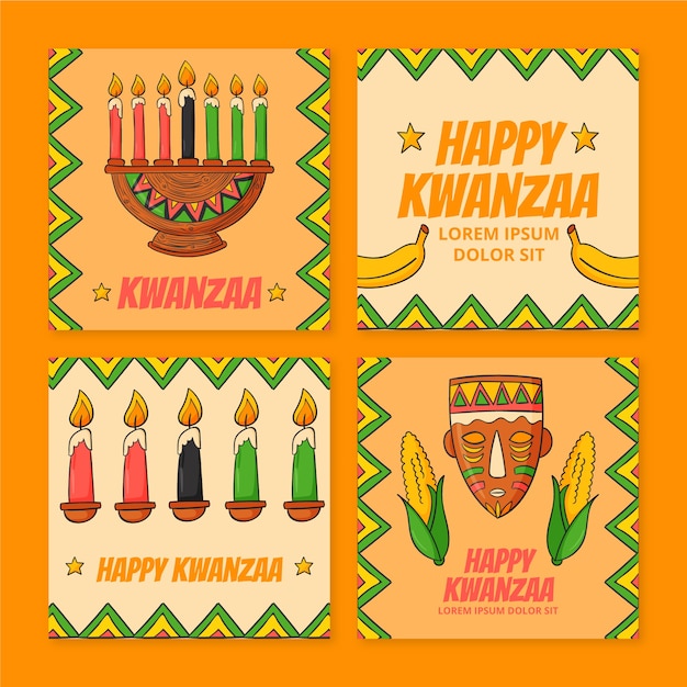 Coleção de postagens do instagram do kwanzaa desenhada à mão