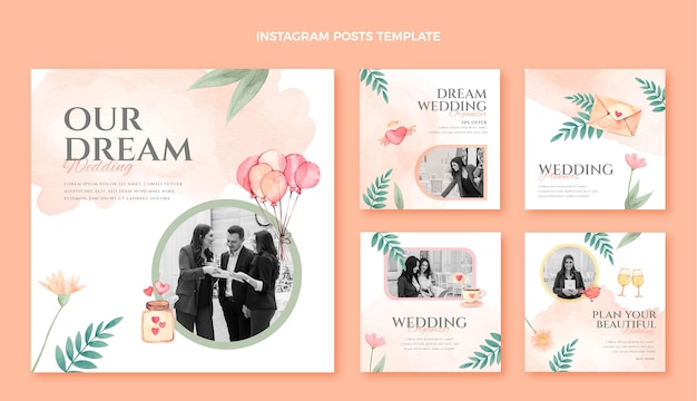 Vetor coleção de postagens do instagram em aquarela para empresa de planejamento de casamento