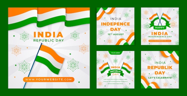 Coleção de postagens do instagram gradiente para a celebração do dia da independência da índia