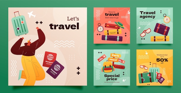 Coleção de postagens do instagram gradiente para agência de viagens
