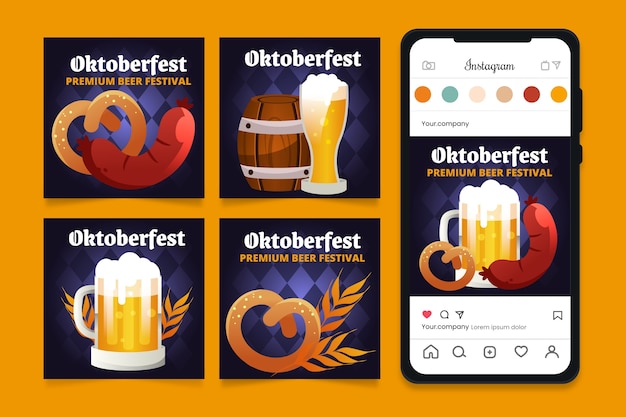 Coleção de postagens do instagram gradiente para celebração da oktoberfest