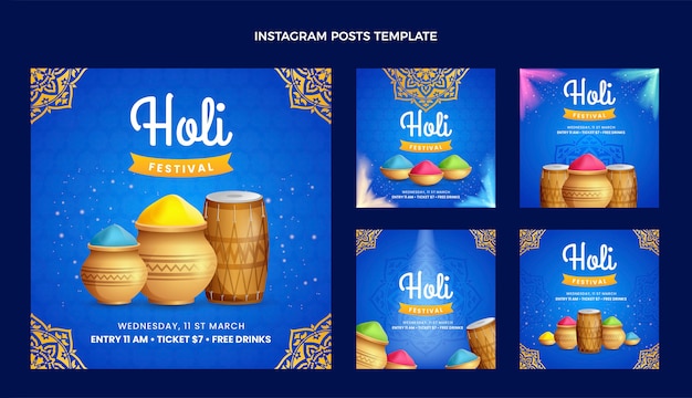 Vetor coleção de postagens do instagram holi realista