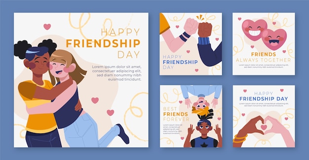 Vetor coleção de postagens do instagram para celebração do dia internacional da amizade
