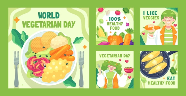 Vetor coleção de postagens do instagram para celebração do dia mundial do vegano