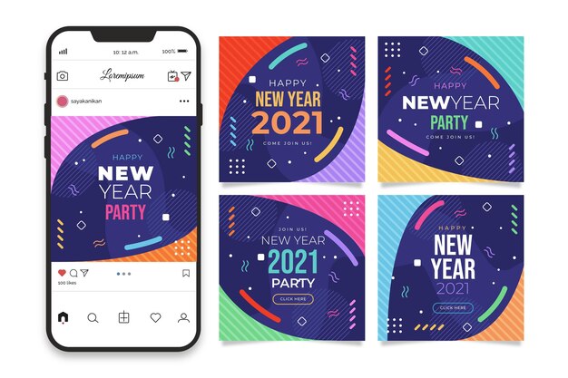 Coleção de postagens do Instagram para festa de ano novo de 2021