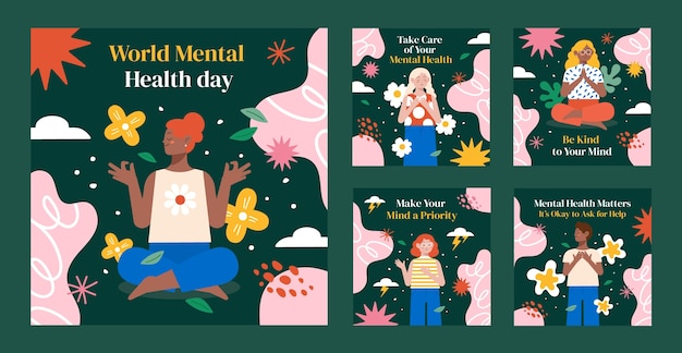 Coleção de postagens do instagram plana para o dia mundial da saúde mental