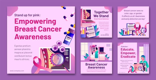 Vetor coleção de postagens gradientes no instagram para o mês de conscientização sobre o câncer de mama