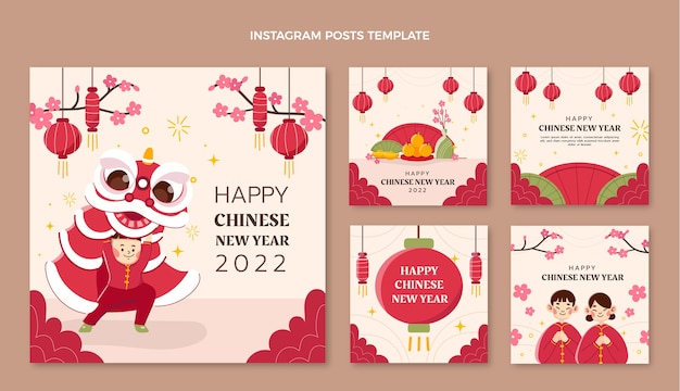 Vetor coleção de postagens instagram planas do ano novo chinês