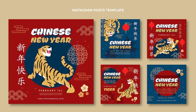 Vetor coleção de postagens instagram planas do ano novo chinês