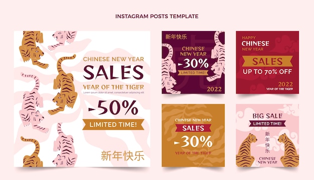 Vetor coleção de postagens instagram planas do ano novo chinês