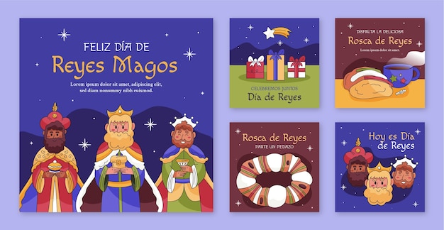 Vetor coleção de postagens no instagram para reyes magos