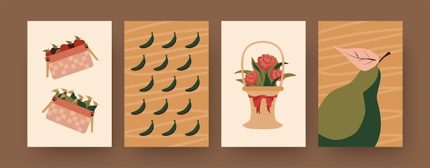 Coleção de pôsteres contemporâneos com cestas de alimentos e flores. cestos de maçãs, peras, ilustrações de bananas. piquenique, conceito de verão para designs, redes sociais,