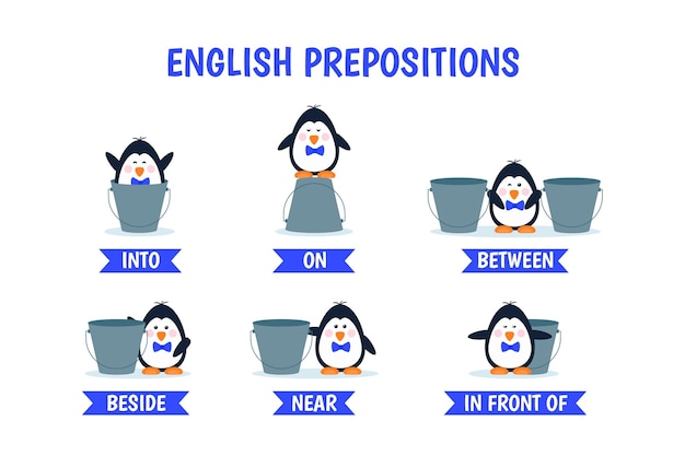 Coleção de preposições inglesas com pinguim