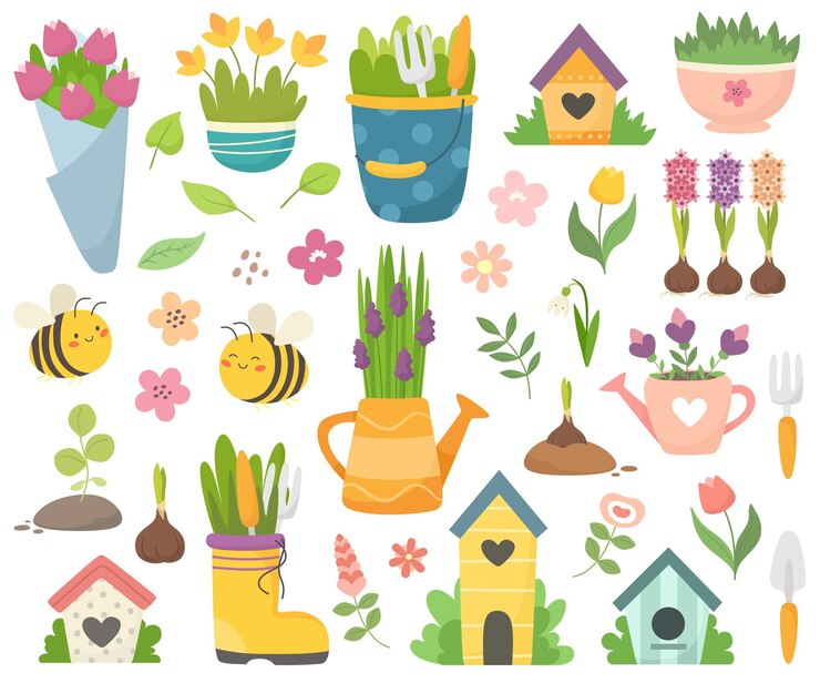 Coleção de primavera com abelhas bonitas, flores, regadores, gaiolas. Elementos de desenho plano de mão desenhada.