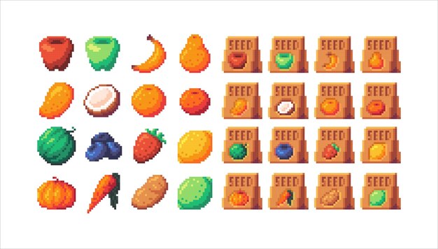 Vetor coleção de produtos desenhados por pixel, frutas, vegetais e sementes para a interface do videogame