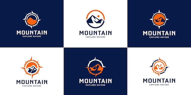 Vetor coleção de projetos de logotipo de aventura com o pico da montanha, bússola, silhueta da montanha e nascer do sol