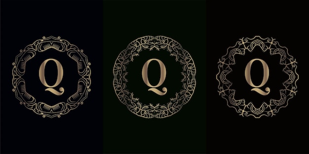 Coleção de q inicial do logotipo com moldura de ornamento de mandala de luxo