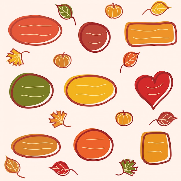 Coleção de quadros de texto outono doodle com folhas e abóboras. ilustração desenhados à mão.