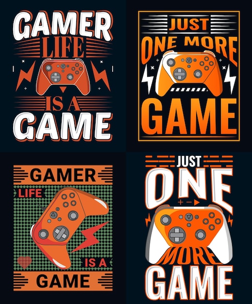 Vetor coleção de quatro designs de camisetas de jogos vetoriais, pacote de design de camisetas de jogos