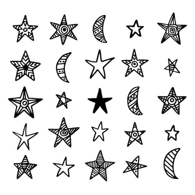 Coleção de rabiscos de estrelas e lua desenhadas à mão isolada em elementos de design branco definir ilustração