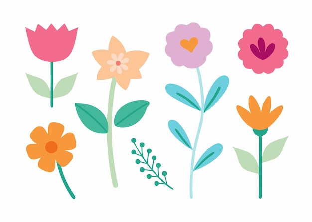 Coleção de rabiscos de flores ilustração plana em fundo branco