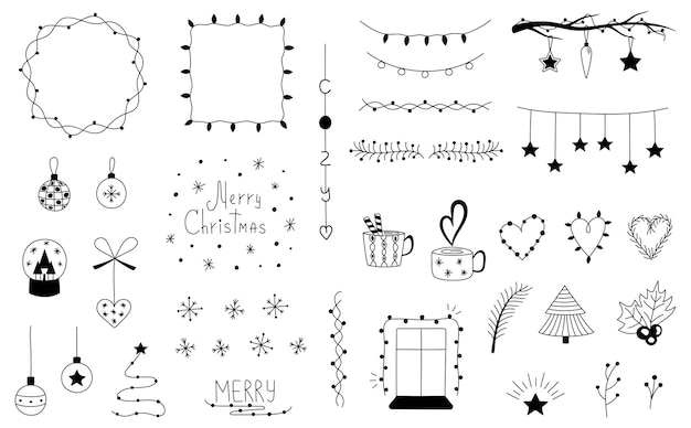Coleção de rabiscos de Natal. Conjunto de molduras de Natal desenhadas à mão, bordas, guirlandas