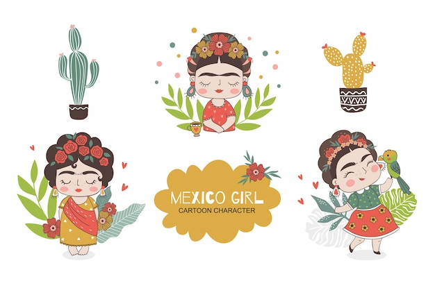 Vetor coleção de rabiscos de personagem de menina mexicana.