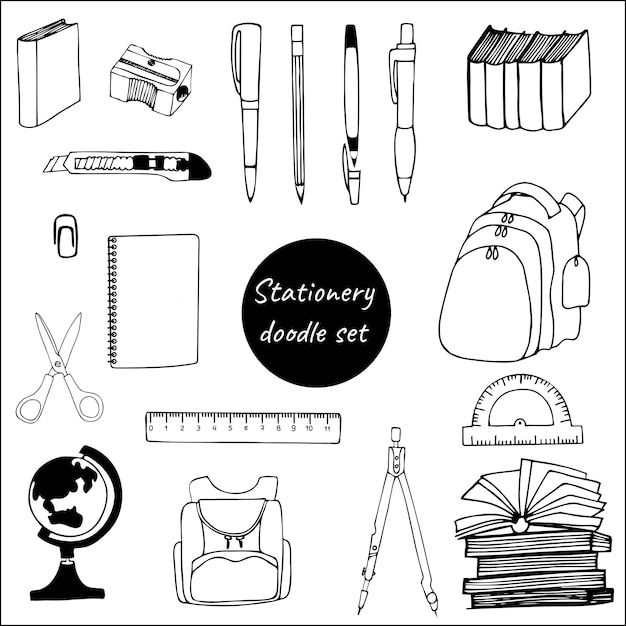 Coleção de rabiscos escolares com personagens e citações. ilustração de escola desenhada à mão