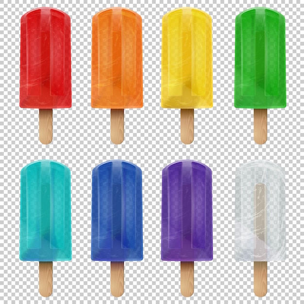 Coleção de realista realista colorido arco-íris frutas picolé sorvete. estoque freezer pop