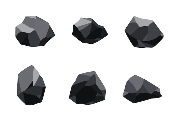Coleção de recursos minerais de negro de carvão. Pedaços de pedra fóssil. Conjunto de formas poligonais. Pedras pretas de grafite ou carvão. Ícones de carvão de recursos de energia.