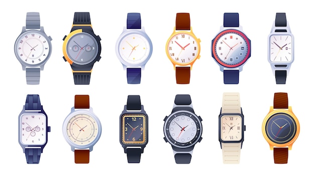 Coleção de relógios de pulso relógio mecânico clássico com pulseira de moda estilo plano relógio de pulso analógico smartwatch acessório feminino masculino conjunto de vetores