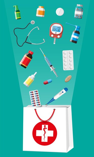 Vetores de Medicamentos Ferramentas Médicas Do Kit De Primeiros Socorros  Pílulas Estetoscópio Termômetro De Seringa Flask Luvas Descartáveis  Instrumentos De Farmácia De Desenho Animado Conjunto Vetorial e mais  imagens de Kit de