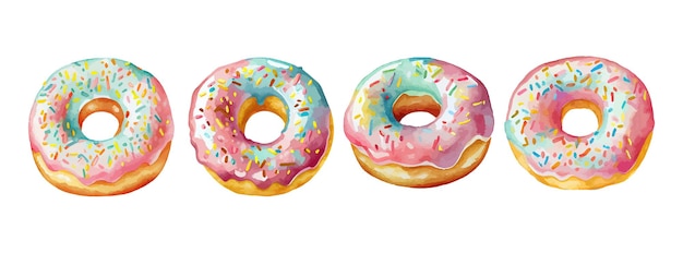 Coleção de rosquinhas deliciosas em aquarela comida de sobremesa doce vintage para ilustração vetorial de clipart de rosquinha de aniversário