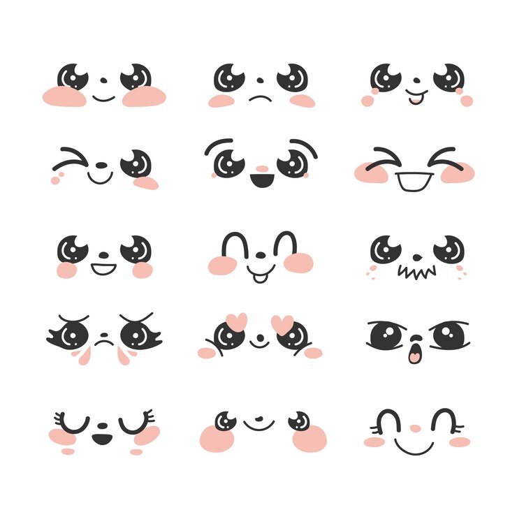 Vetor coleção de rosto kawaii de design plano desenhado à mão