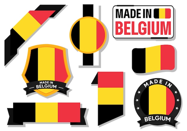 Coleção de rótulos de crachás feitos na Bélgica bandeira da Bélgica em ilustração vetorial de fita