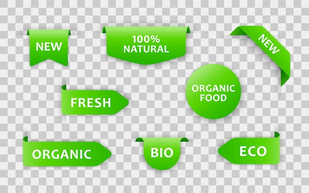 Coleção de rótulos naturais verdes isolados no fundo branco