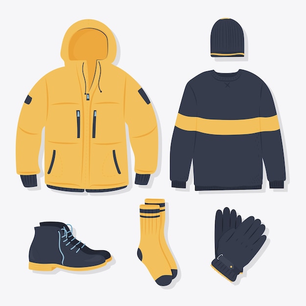 Coleção de roupas de inverno e essenciais desenhadas à mão