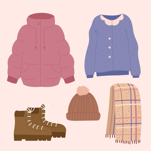 Vetor coleção de roupas de inverno e essenciais desenhadas à mão