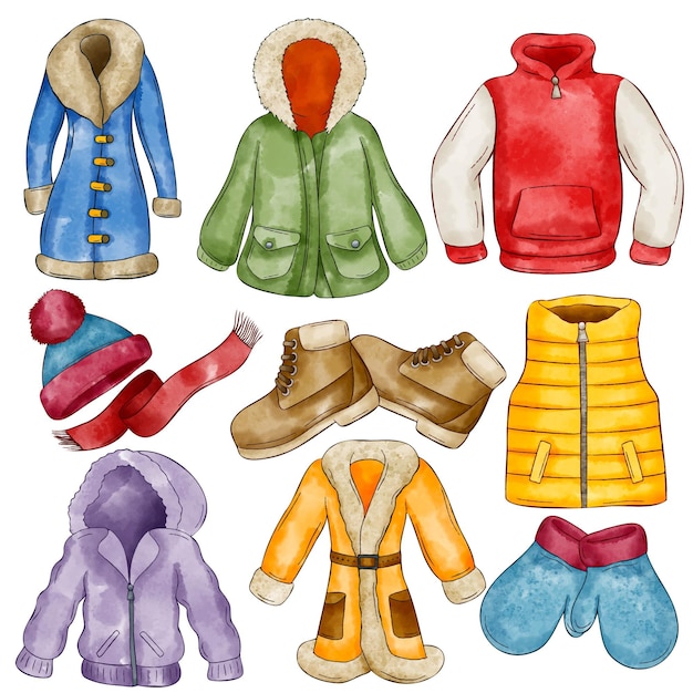 Vetor coleção de roupas e fundamentos de aquarela de inverno