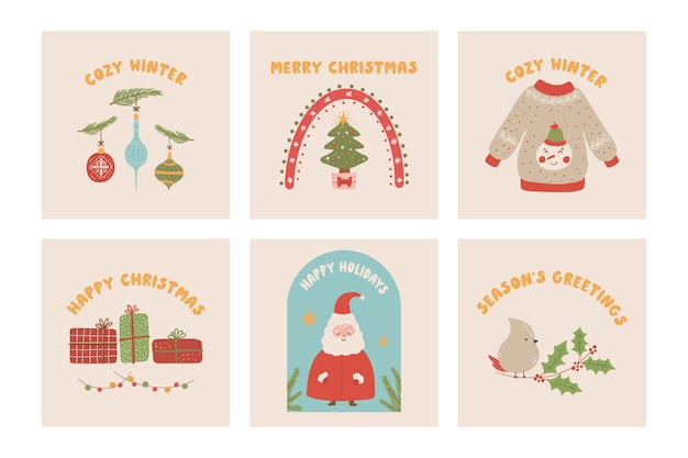 Coleção de saudações de Natal com presentes de árvores de Natal de pássaros e vetor editável de Papai Noel