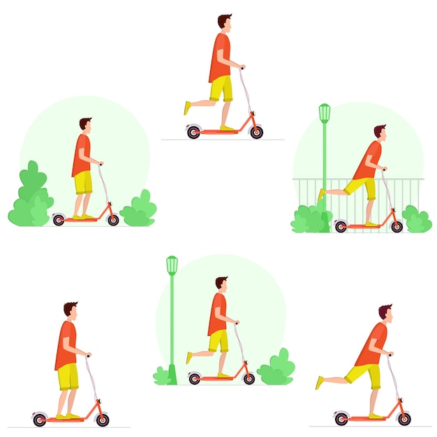 Coleção de scooters masculinas isoladas em ilustração vetorial de fundo branco