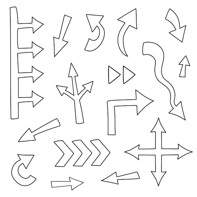 Vetor coleção de setas desenhadas à mão de forma diferente. marcas de seta doodle grandes e pequenas