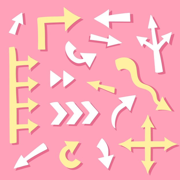 Coleção de setas fofas desenhadas à mão de forma diferente em fundo rosa. cursores de doodle kawaii